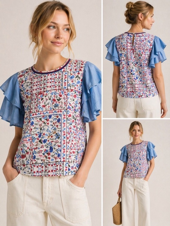 Anthropologie Tops - Anthropologie Let Me Be Floral Chambray Ruffle Flutter Sleeve Top Size S